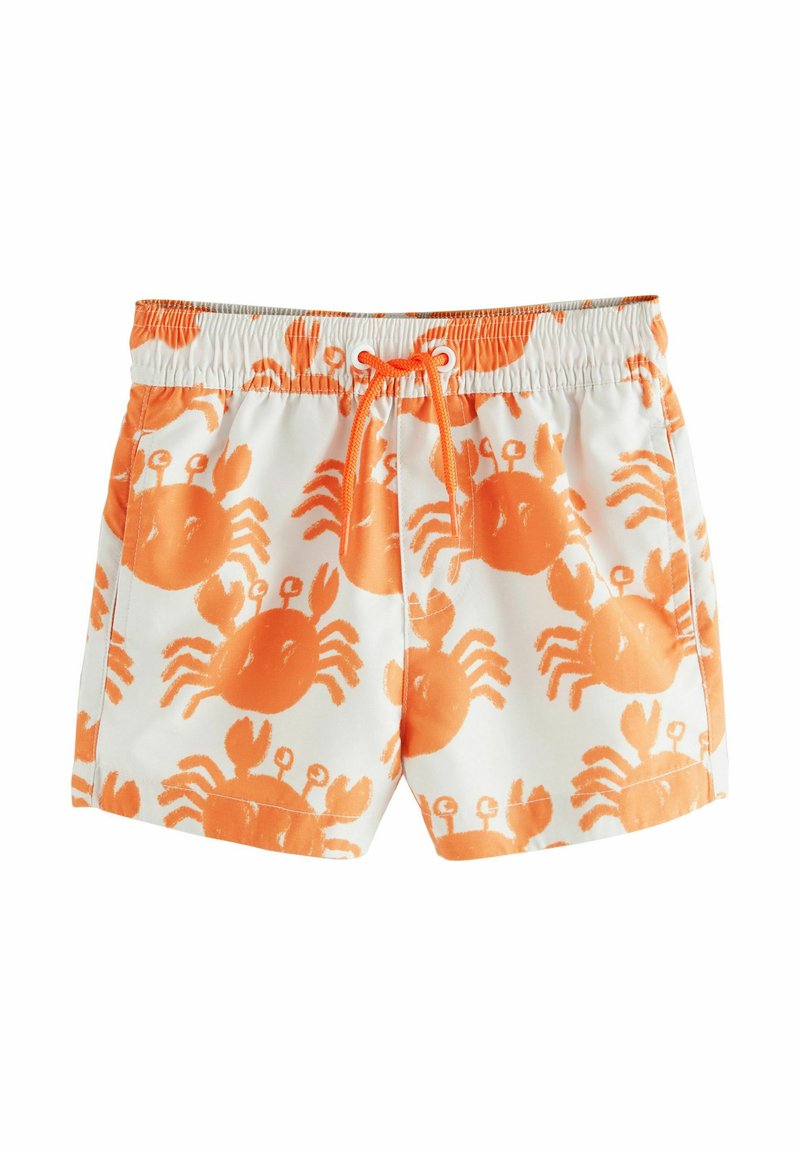 Svømmebukser med elastisk talje og snor, med hvid baggrund og livlige orange krabbe mønstre.