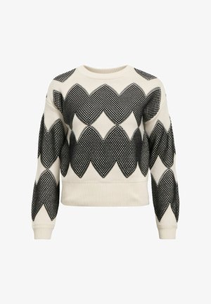 Maglione nero e crema con un evidente motivo a conchiglia, collo girocollo a costine e polsini. Realizzato in un morbido tessuto a maglia.