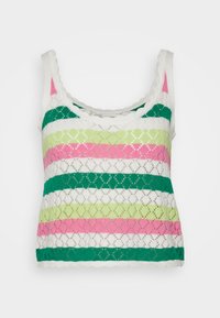 Top tank de malha com riscas coloridas em rosa, verde, branco e azul. Decote arredondado com bordas em forma de onda, design texturizado em malha aberta.