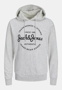 Light gray hoodie made of soft fabric featuring a front graphic with "Jack & Jones" and circular text. Includes a front pocket and drawstring hood.