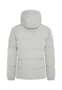 Helle graue Pufferjacke mit Kapuze, ausgestattet mit horizontalen, gesteppten Abschnitten, elastischen Bündchen und einer glatten Textur. Schlichte Rückenkonzeption.