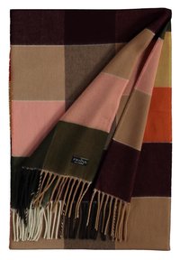 Écharpe à carreaux pliée avec bords frangés dans des tons de rose, beige, brun, olive, orange et jaune, avec une petite étiquette de marque en tissu.