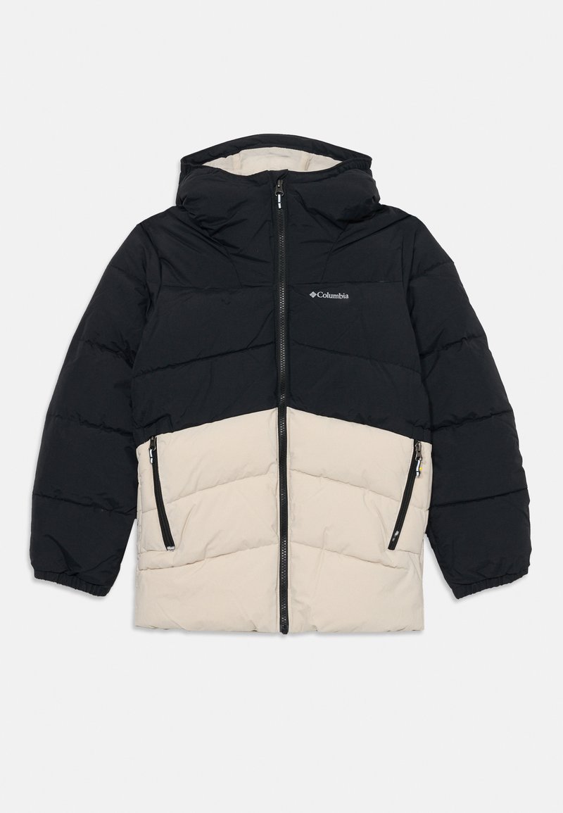 Polstret jakke med svart overdel og beige underdel. Den har hette, glidelås foran og to glidelåslommer på siden.