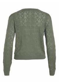 Pull en maille vert olive à manches longues avec un délicat motif en dentelle ajourée et des poignets et un ourlet côtelés, présenté de dos.