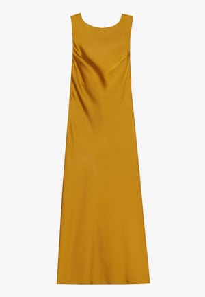 Sleeveless, floor-length dress in mustard yellow, made of smooth fabric with a rounded neckline and subtle draping detail.