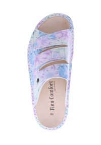 Multicolor slide sandal with a pastel tie-dye pattern, featuring three split straps, a cushioned insole, and a stitched sole.