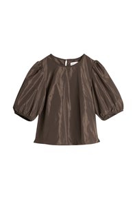 Brun satengbluse med en avslappet passform, rund hals og korte pufferm. Har et nøkkelhull-lukk ved ryggen og elastiske mansjetter.
