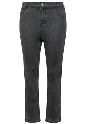 Gray denim jeans with a straight cut, featuring a button closure, five pockets, and subtle fading. Stitched detailing along the seams.