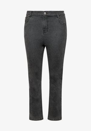 Jean en denim gris à coupe droite, avec une fermeture à bouton, cinq poches et un léger délavage. Détails cousus le long des coutures.