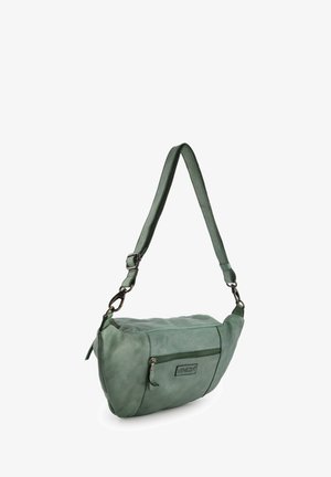 Zielona skórzana torba na ramię z regulowanym paskiem, z przednią kieszenią na zamek błyskawiczny oraz prostokątnym kształtem, gładką fakturą i metką marki.