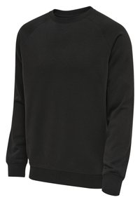 Schwarzer Sweatshirt mit langen Ärmeln und Rundhalsausschnitt, mit gerippten Bündchen und Saum, schlichtes Design, auf weißem Hintergrund dargestellt.