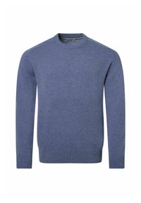 Blauer Strickpullover mit rundem Ausschnitt, langen Ärmeln und geripptem Saum. Der Stoff wirkt weich, hat eine einheitliche Textur und minimale Details.