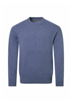 Blue knit sweater with a round neckline, long sleeves, and ribbed hem. The fabric appears soft, with a uniform texture and minimal detailing.