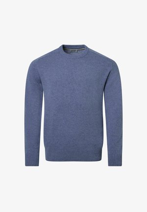Blue knit sweater with a round neckline, long sleeves, and ribbed hem. The fabric appears soft, with a uniform texture and minimal detailing.
