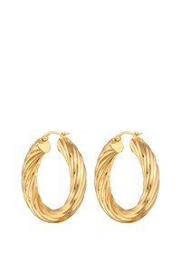 Goldene Creolen mit gedrehter Optik, ausgestattet mit einer glatten, polierten Oberfläche und einem sicheren Verschluss.