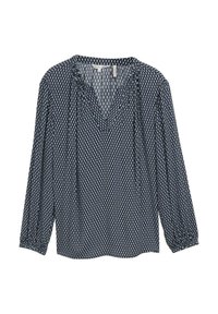 Blusa de color azul marino con patrón, de manga larga, escote en V y puños fruncidos. Presenta diseños geométricos en blanco y azul claro por todo el tejido.