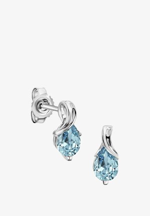 Sudraba auskari ar bumbierveida ziliem dārgakmeņiem, kas veidoti eleganta, plūstoša dizainā ar pulētiem akcentiem.