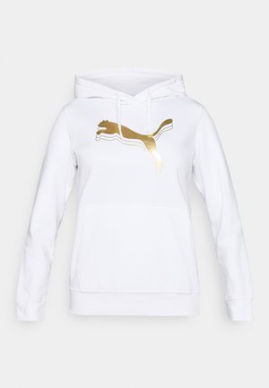 Bílá kapucňová mikina vyrobená z bavlny, s velkým zlatým logem Puma na přední straně. Má klokaní kapsu a žebrované manžety.