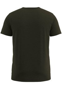 Dunkelgrünes T-Shirt mit kurzen Ärmeln aus weichem Stoff, mit einem schlichten, unauffälligen Design, Rundhalsausschnitt und normaler Passform.