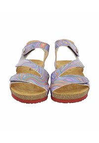 Multicolored sandals with a swirled pattern, adjustable straps, and a cork footbed. Red rubber sole. Features a metallic accent.