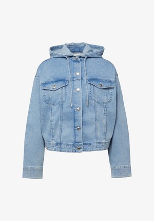 Giacca di denim azzurro chiaro con bottoni frontali, due tasche con patta sul petto, maniche lunghe e cappuccio attaccato con coulisse.