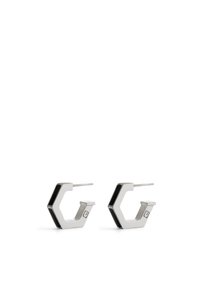 Silver geometric hoop earrings featuring a hexagonal shape, polished metal finish, and a slim black accent on the edges.