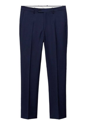 Navy blue dress pants made of smooth fabric, featuring front pockets, a flat front design, and a standard waistband with a button closure.