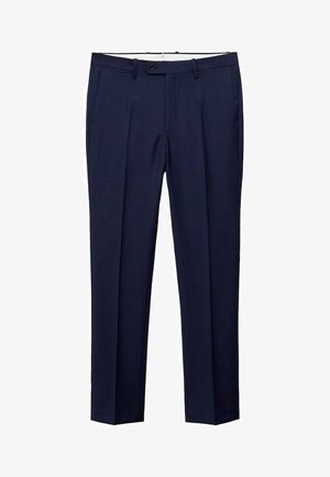 Marineblauwe broek gemaakt van gladde stof, met voorzakken, een flat front ontwerp, en een standaard tailleband met een knoopsluiting.