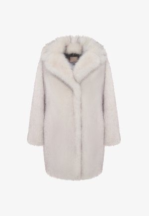 Grau Fake-Fur-Mantel mit weitem Kragen, langen Ärmeln und einem schlichten, geraden Schnitt. Weiche Textur mit luxuriösem und gemütlichem Aussehen.