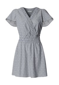 Mėlyna ir balta vertikaliomis juostelėmis dryžuota trumpomis rankovėmis suknelė su raukiniu juosmeniu, V formos iškirpte ir subtiliu baltu gėlių raštu.