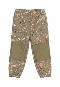 Maastikmustriga püksid maalähedastes toonides, pehme kangaga, kummipaelaga vöökoht ja kontrastsed tekstuuriga põlvepadjad.