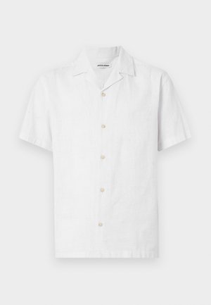Chemise blanche à manches courtes avec boutons et col camp, en tissu léger, présentée à plat sur fond blanc.