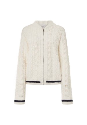 Cremfarbener, kabelstrickartiger Cardigan mit einem Reißverschluss vorne, der einen gerippten Kragen sowie Ärmeln und Saum in Marineblau mit Streifen hat.