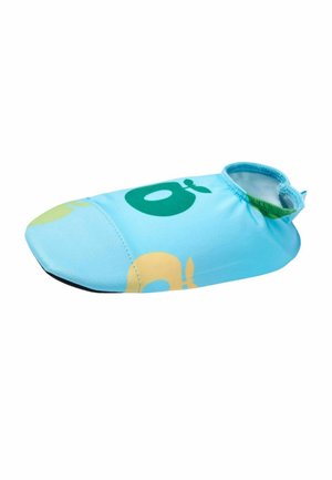 Light blue waterproof shoe cover with elastic ankle and colorful green and yellow fruit patterns, designed for water protection.