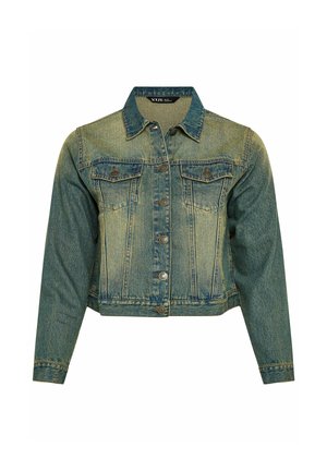 Blaue Jeansjacke mit Kragen, Knopfleiste, zwei Klappentaschen auf der Brust und langen Ärmeln, in gekürzter Passform.