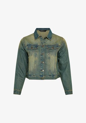 Niebieska kurtka dżinsowa z kołnierzem, zapinana na guziki, z dwoma kieszeniami na piersi na klapę i długimi rękawami, krótki krój.