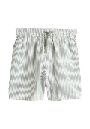 Svetlo sivé a biele šortky s vertikálnymi pruhmi, s elastickým pásom a šnúrkou na stiahnutie, ležérny štýl s bočnými vreckami.