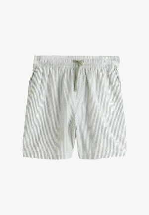 Šviesiai pilkos ir baltos vertikaliai dryžuotos šortai su elastine juosmens juosta ir raišteliais, kasdienio stiliaus su šoninėmis kišenėmis.