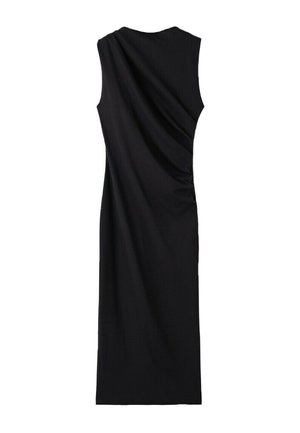 Abito midi nero senza maniche con scollo rotondo e delicato drappeggio arricciato su un lato.