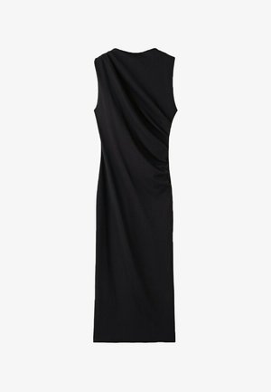 Robe midi noire sans manches avec un décolleté rond et un détail subtil de drapé froncé sur un côté.