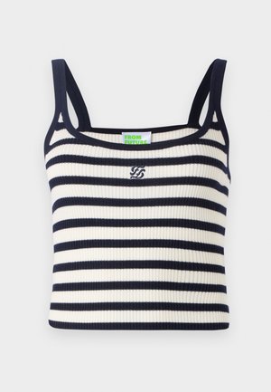 Camiseta sin mangas de canalé con rayas horizontales en azul marino y blanco. Cuenta con tirantes estrechos y un pequeño logo bordado en el pecho.