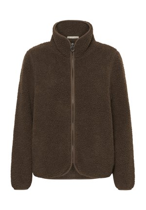 Jachetă maro din lână cu fermoar complet, guler înalt, mâneci lungi și material moale texturat.