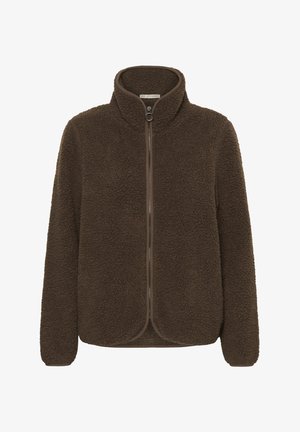 Jachetă maro din lână cu fermoar complet, guler înalt, mâneci lungi și material moale texturat.