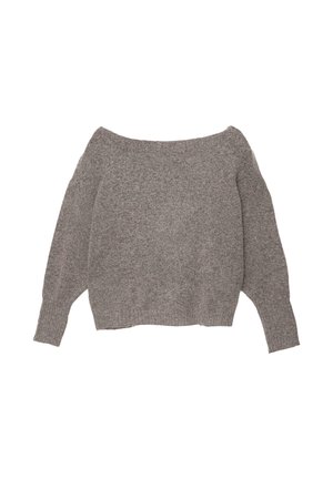 Grijze off-shoulder trui van zacht, textuurgebreid materiaal met losse mouwen en een cropped zoom.