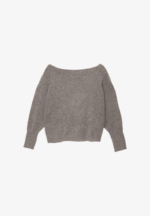 Maglione grigio off-the-shoulder con un morbido filo testurizzato, maniche svasate e orlo corto.