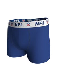 Modré boxerky z pružné látky s bílým pasem označeným "NFL", s logy a hladkou texturou.