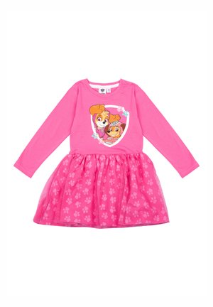 Rosa Langarmkleid mit einer Grafik von zwei Cartoon-Hunden. Der Rock besteht aus gestuften Tüll mit einem blumigen Pfotenabdruckmuster.