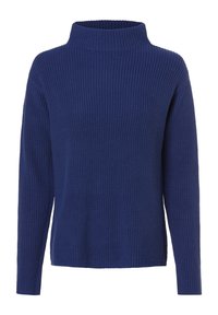 Laivastonsininen ribbineulottu paita, jossa on korkea kaulus ja pitkät hihat. Löysä istuvuus ja teksturoitu materiaali lisäävät lämpöä.