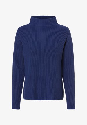 Laivastonsininen ribbineulottu paita, jossa on korkea kaulus ja pitkät hihat. Löysä istuvuus ja teksturoitu materiaali lisäävät lämpöä.