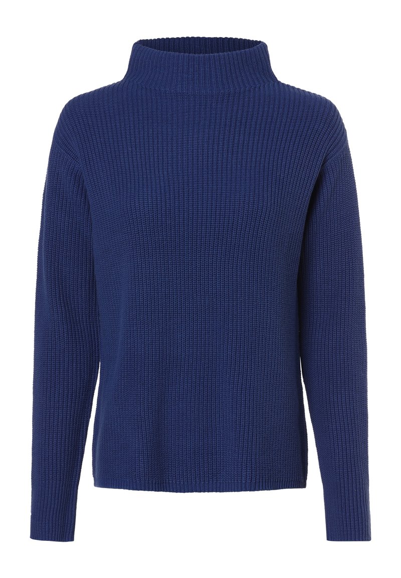 Laivastonsininen ribbineulottu paita, jossa on korkea kaulus ja pitkät hihat. Löysä istuvuus ja teksturoitu materiaali lisäävät lämpöä.